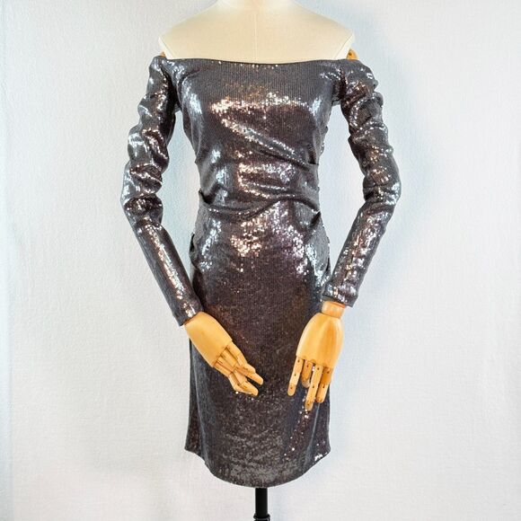 Nicole Miller Dresses & Skirts - Nicole Miller | Silver Sequin Long Sleeve Off Shoulder Body Dress Ruched | Sz 6